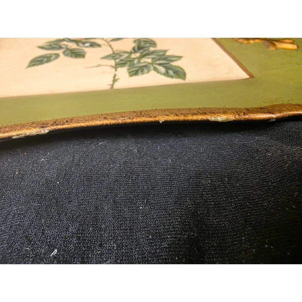 Vintage Style Pink Rose Decorative Tray Sage Green Gold Floral Scalloped Edge
